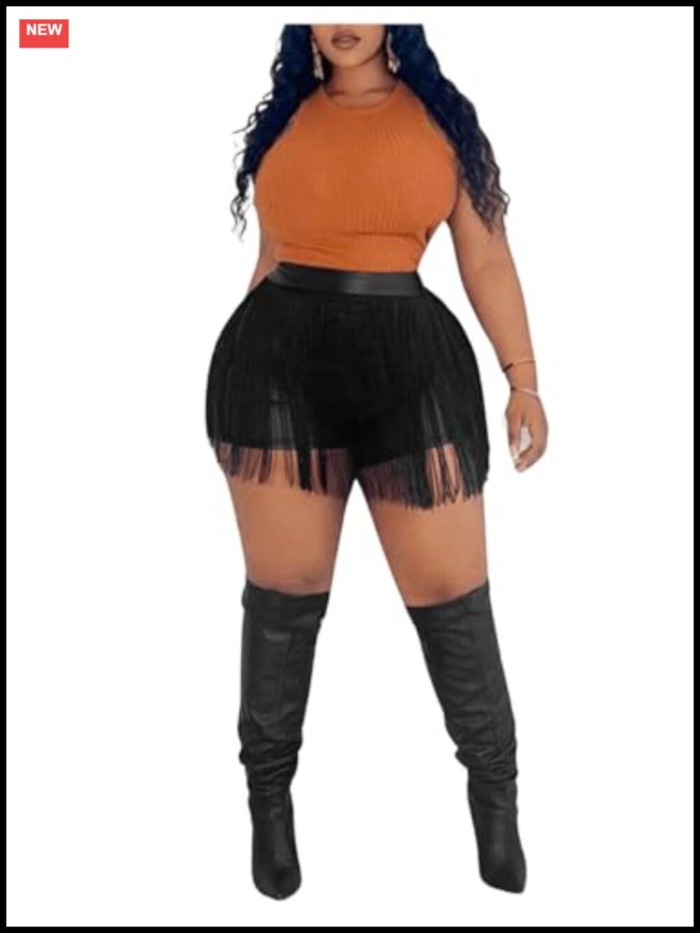 Women's Plus Size PU Leather High Waist Straight Leg Mini Shorts with Fringe Hem